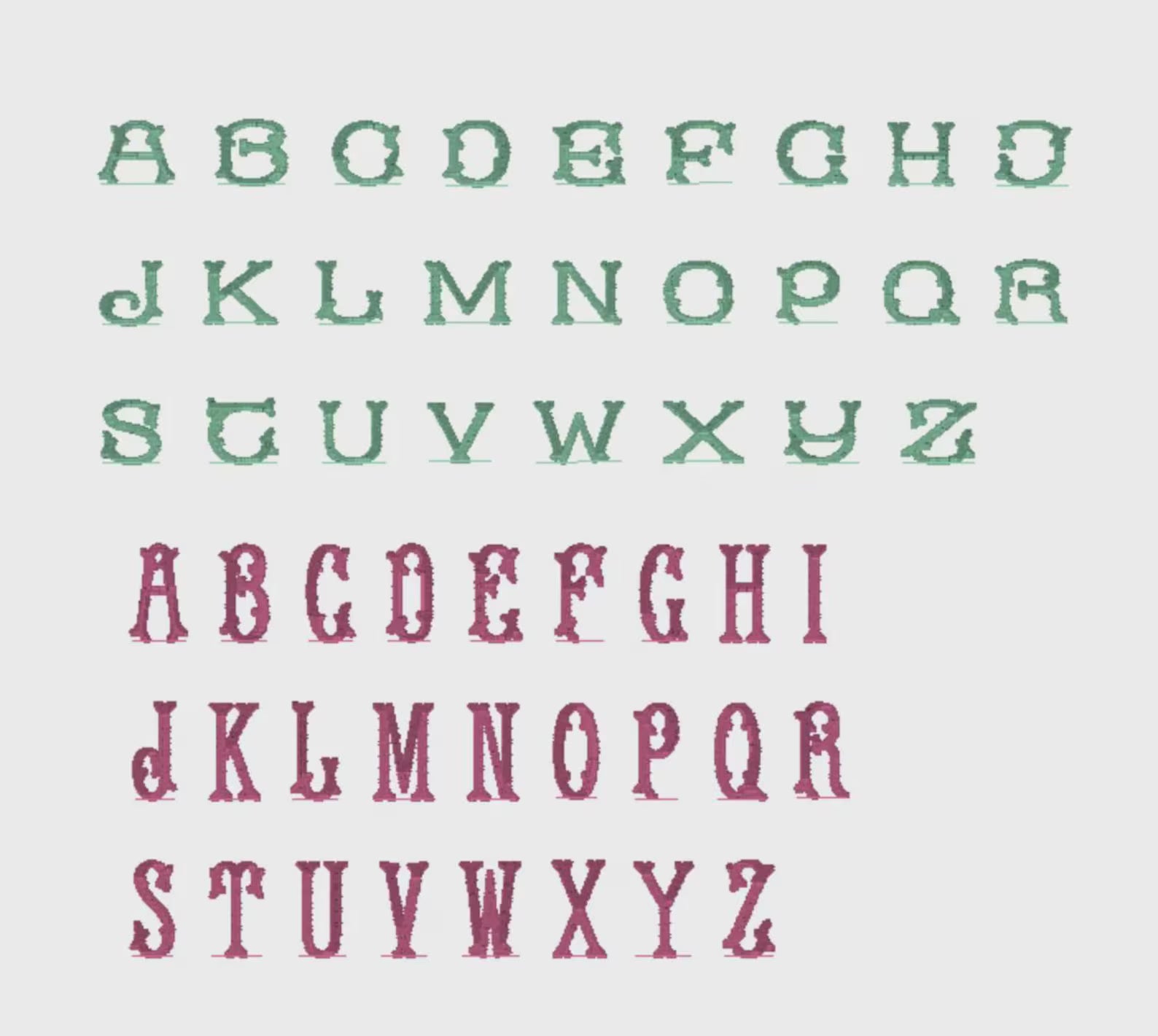 Fishtail Embroidery Font: 52 Letters (2 Letter Styles), 9 Formats + .bx
