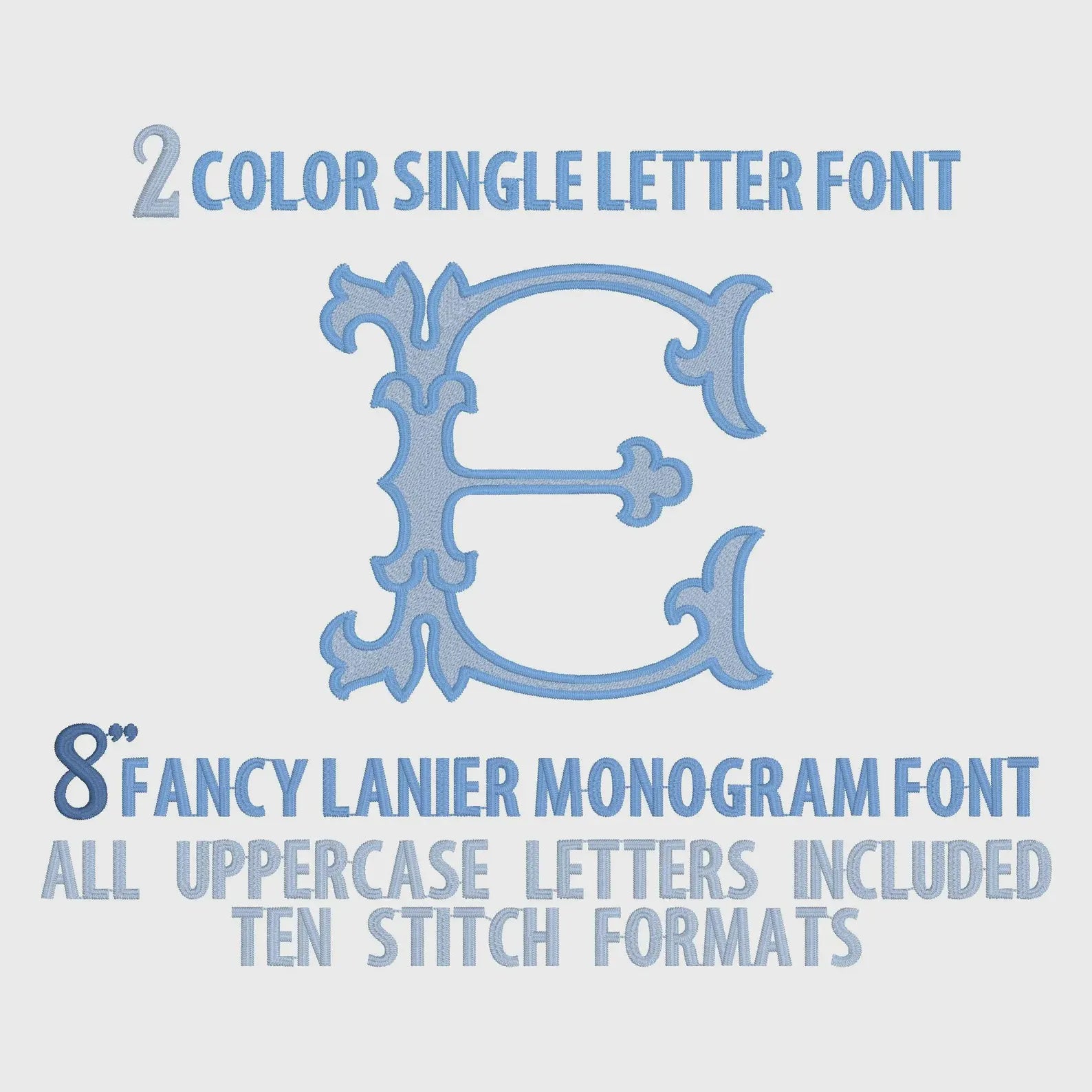 Lanier Font Monogram: 8" Two-Color Embroidery Design (10 Formats)