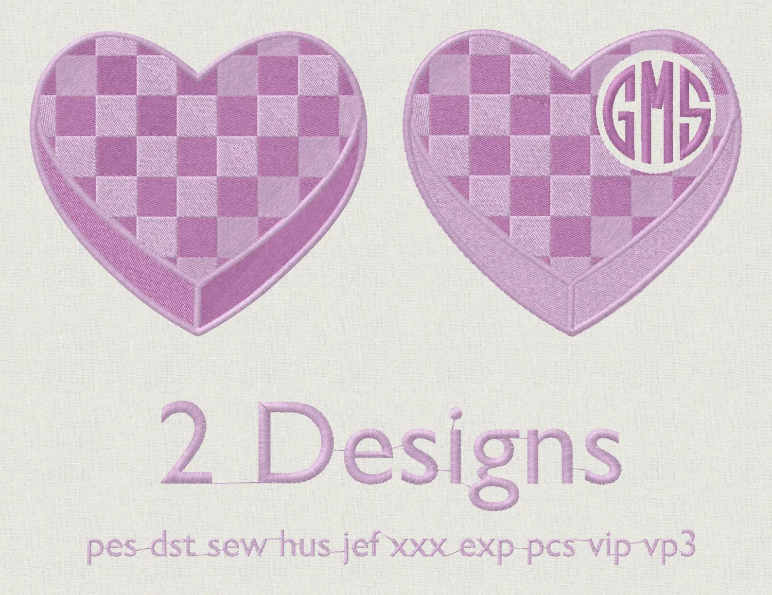 Checked Heart Embroidery Files: 2 Designs, 10 Stitch Formats