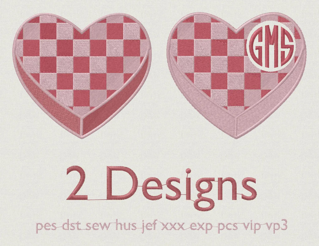Checked Heart Embroidery Files: 2 Designs, 10 Stitch Formats