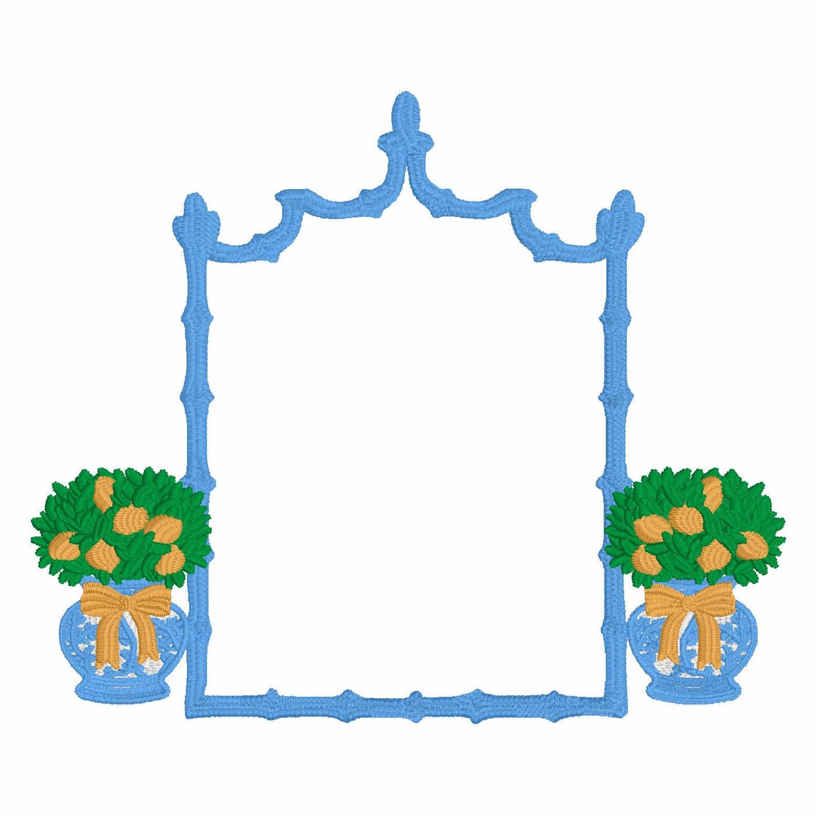 Chinoiserie Lemon Topiary Embroidery Design: Coquette Bows, Bamboo Frame (Instant Download, 10 Formats)