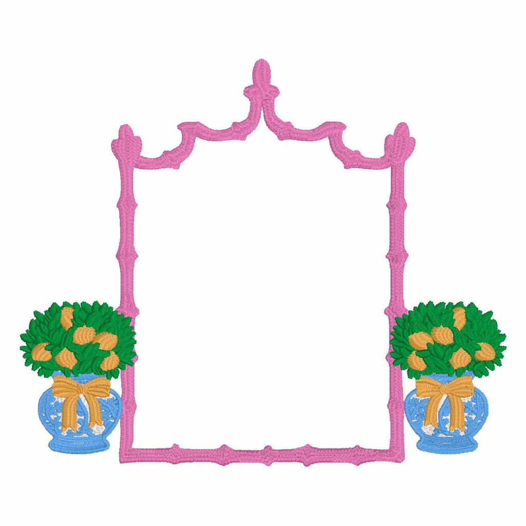 Chinoiserie Lemon Topiary Embroidery Design: Coquette Bows, Bamboo Frame (Instant Download, 10 Formats)