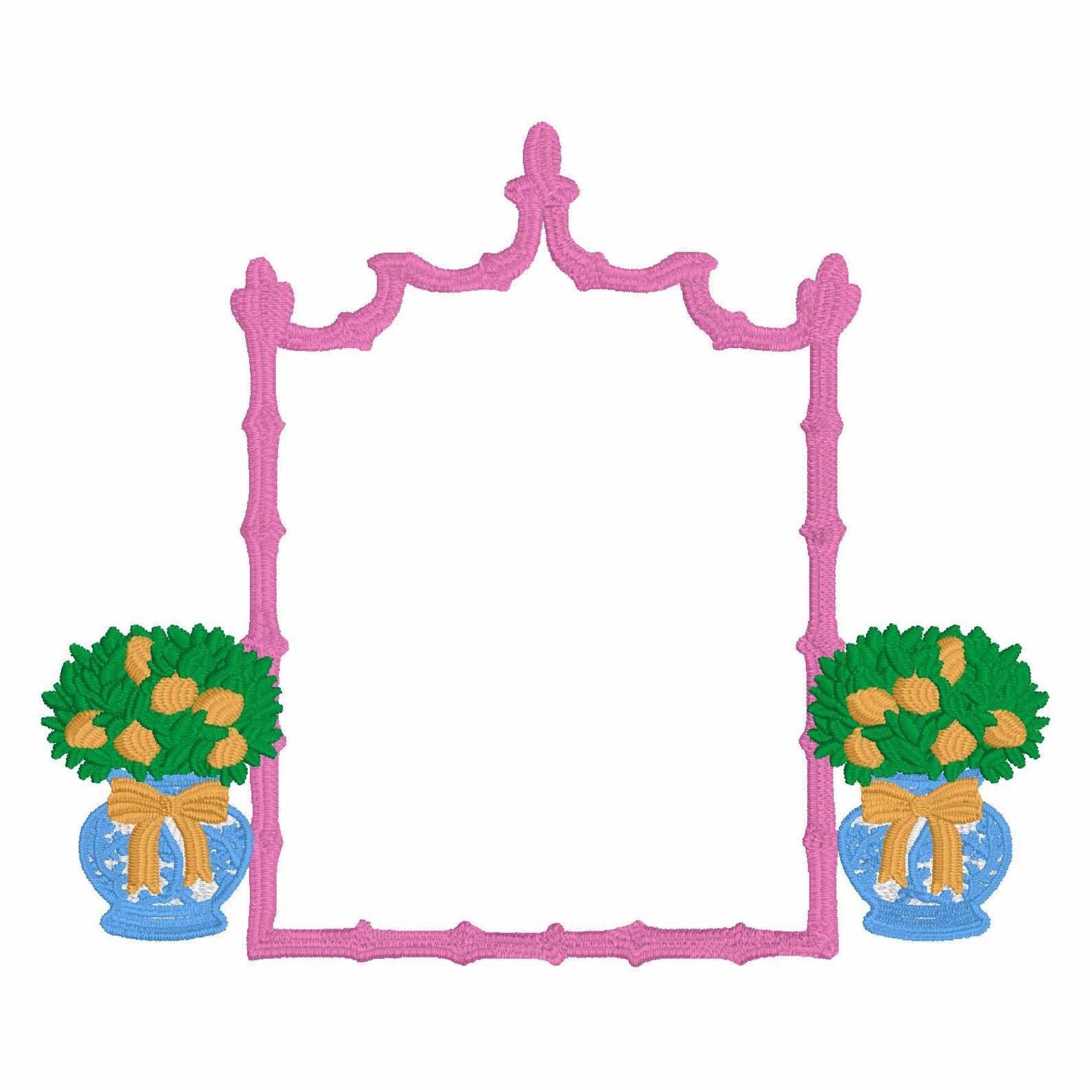 Chinoiserie Lemon Topiary Embroidery Design: Coquette Bows, Bamboo Frame (Instant Download, 10 Formats)