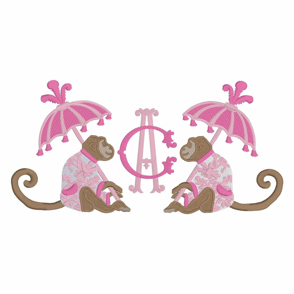 Chinoiserie Monkey Embroidery Design: Parasol Umbrella (9 Formats - Instant Download)
