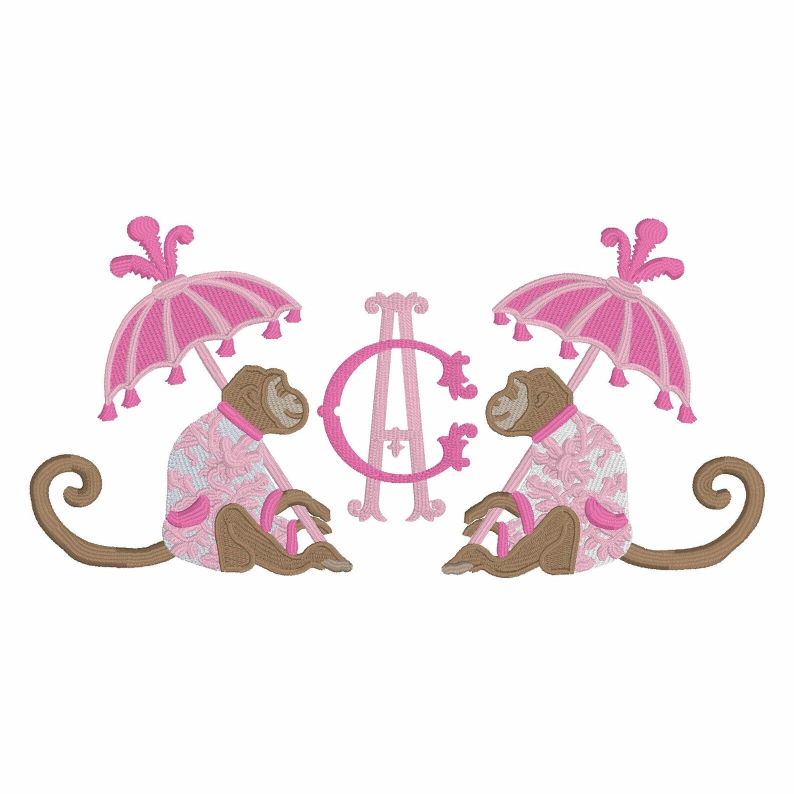 Chinoiserie Monkey Embroidery Design: Parasol Umbrella (9 Formats - Instant Download)