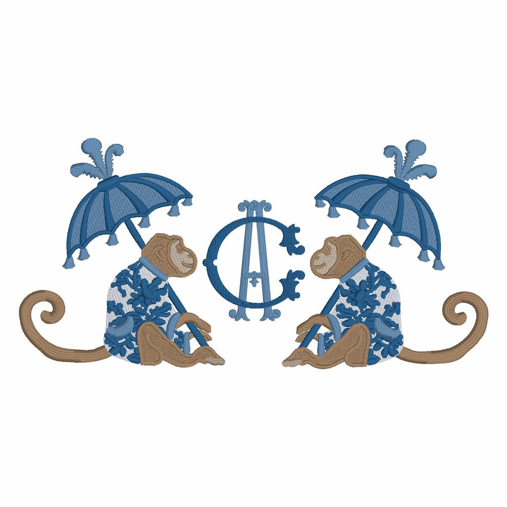 Chinoiserie Monkey Embroidery Design: Parasol Umbrella (9 Formats - Instant Download)