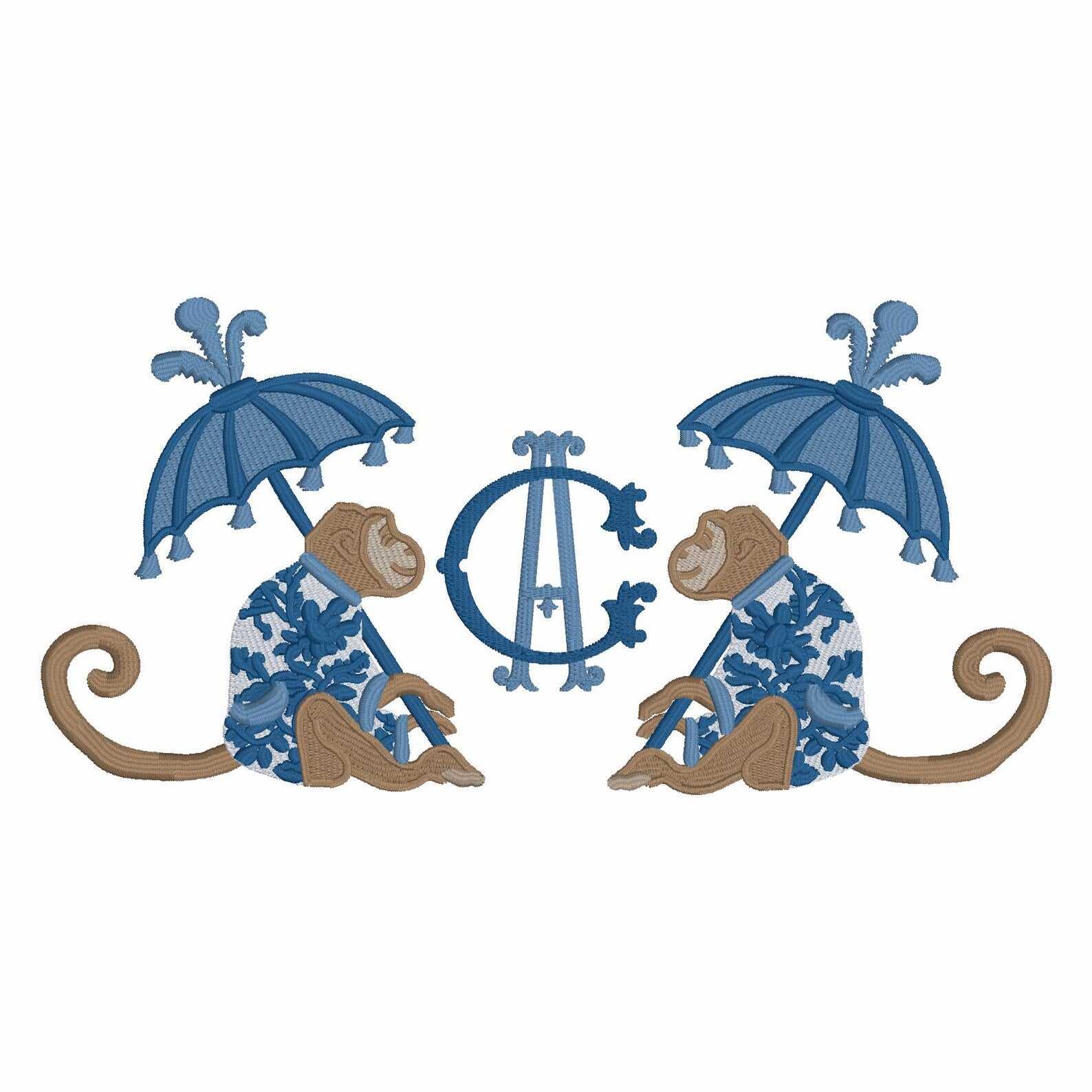 Chinoiserie Monkey Embroidery Design: Parasol Umbrella (9 Formats - Instant Download)
