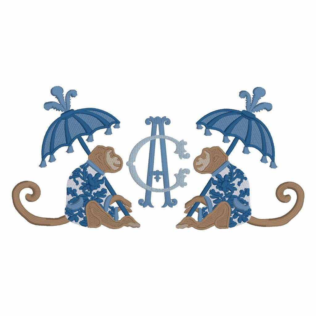 Chinoiserie Monkey Embroidery Design: Parasol Umbrella (9 Formats - Instant Download)