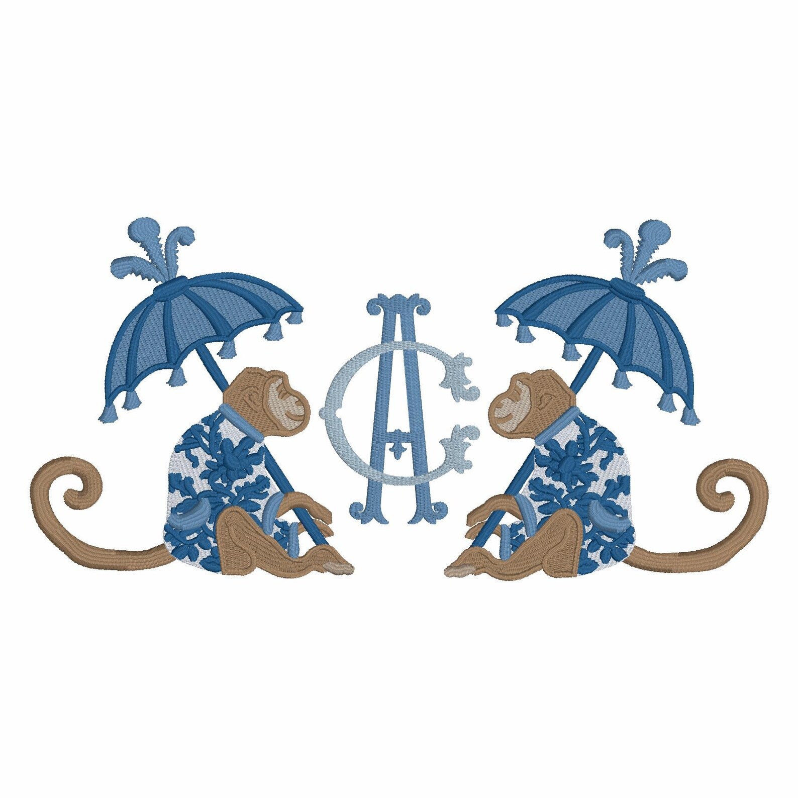 Chinoiserie Monkey Embroidery Design: Parasol Umbrella (9 Formats - Instant Download)