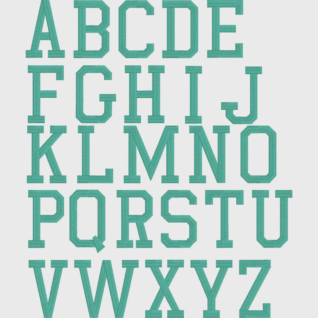 Varsity Block Embroidery Font: Letters, Numbers, Symbols (.bx + 9 Stitch Formats, 1-6 inch)