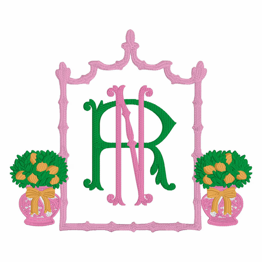 Chinoiserie Lemon Topiary Embroidery Design: Coquette Bows, Bamboo Frame (Instant Download, 10 Formats)