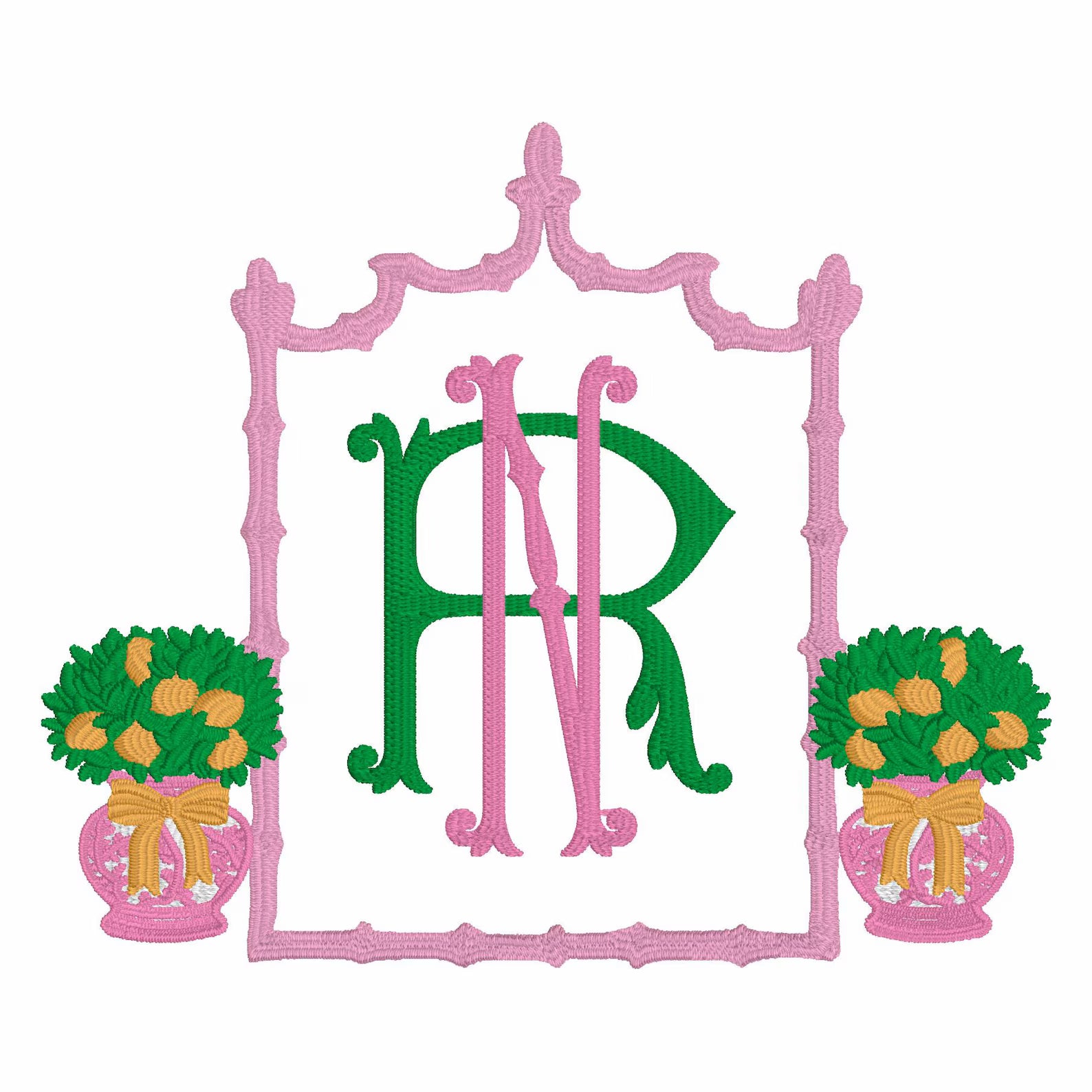Chinoiserie Lemon Topiary Embroidery Design: Coquette Bows, Bamboo Frame (Instant Download, 10 Formats)