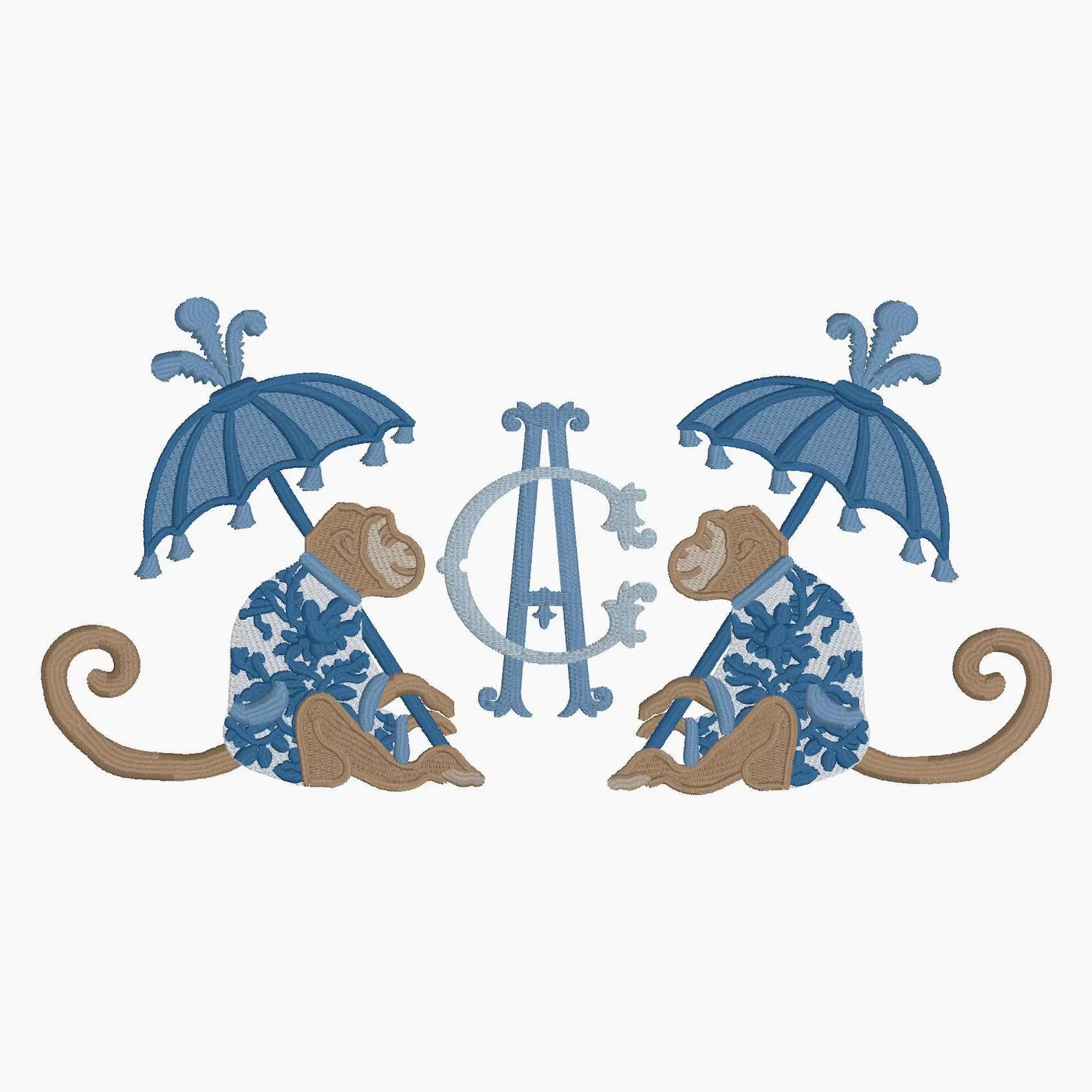Chinoiserie Monkey Embroidery Design: Parasol Umbrella (9 Formats - Instant Download)