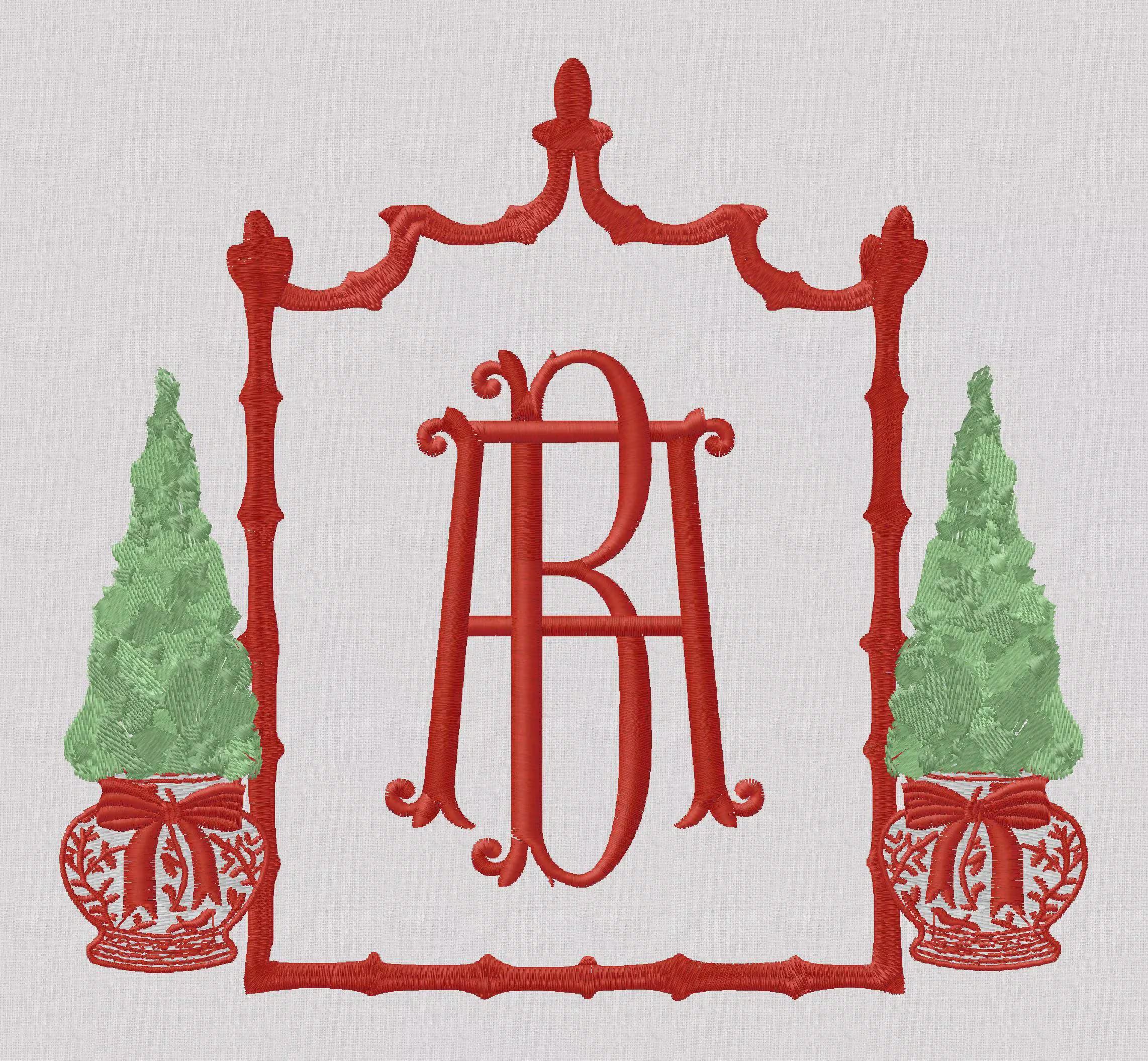 Large Chinoiserie Christmas Topiary Crest Embroidery Design: Bamboo Monogram Frame (9 Formats)