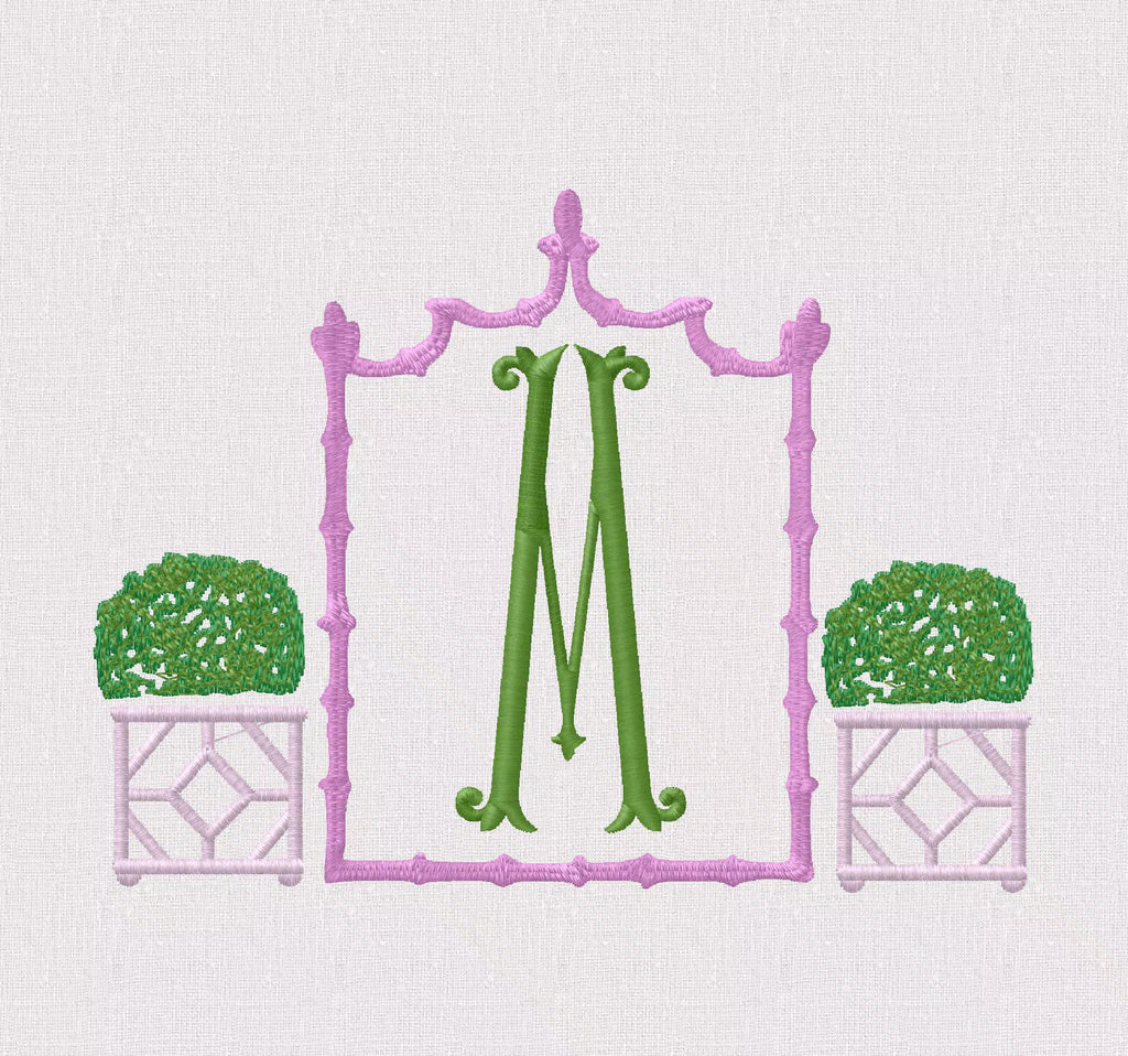 Boxwood Topiary Embroidery Design: Bamboo Crest Monogram Frame (Instant Download, 5.38x4.03")