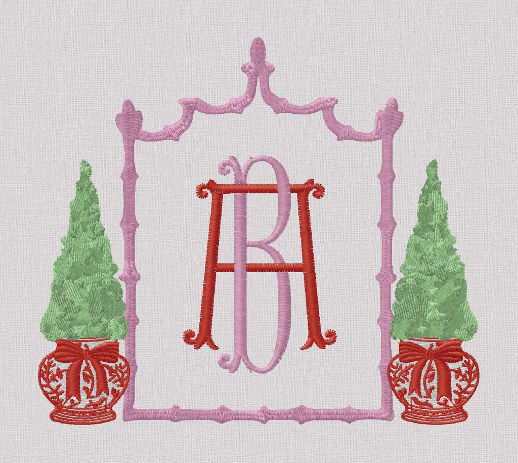 Chinoiserie Christmas Topiary Crest Embroidery Design: Bamboo Monogram Frame (10 Formats)