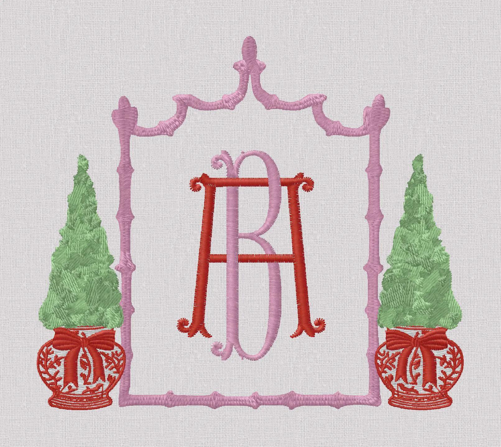Chinoiserie Christmas Topiary Crest Embroidery Design: Bamboo Monogram Frame (10 Formats)