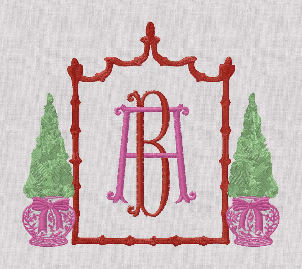 Chinoiserie Christmas Topiary Crest Embroidery Design: Bamboo Monogram Frame (10 Formats)