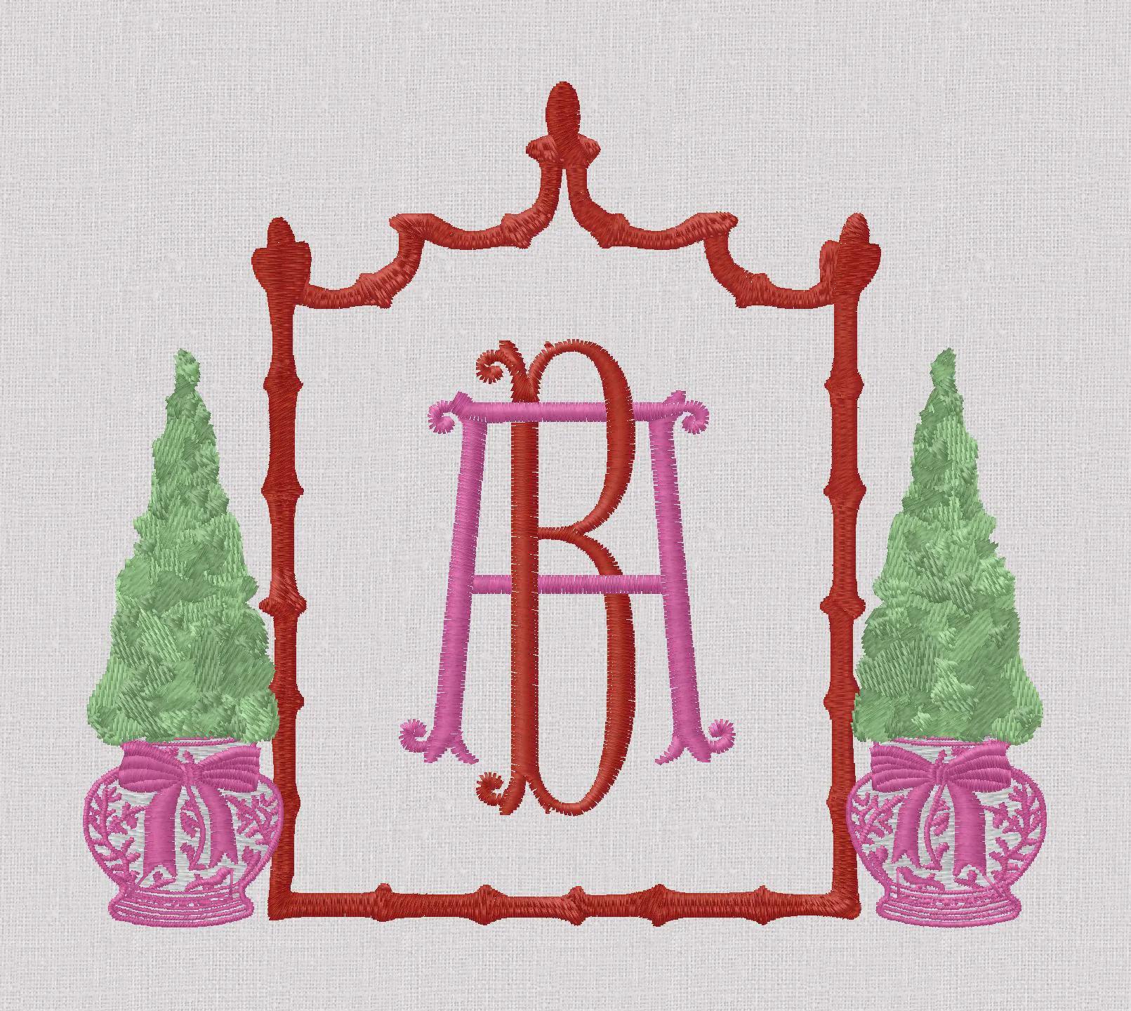 Chinoiserie Christmas Topiary Crest Embroidery Design: Bamboo Monogram Frame (10 Formats)