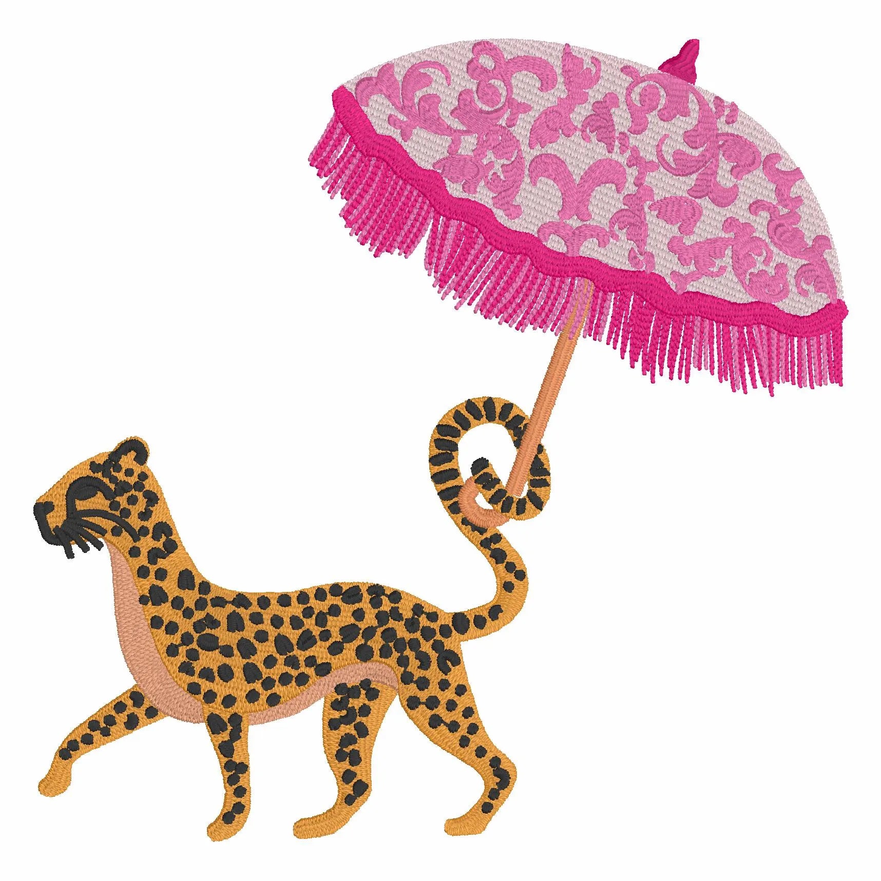 Cheetah Chinoiserie Embroidery Design: Walking with Parasol (Instant Download)