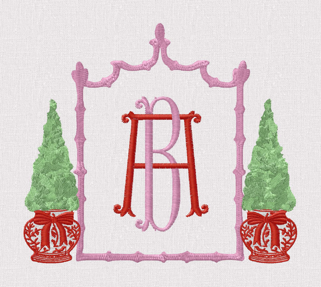 Large Chinoiserie Christmas Topiary Crest Embroidery Design: Bamboo Monogram Frame (9 Formats)