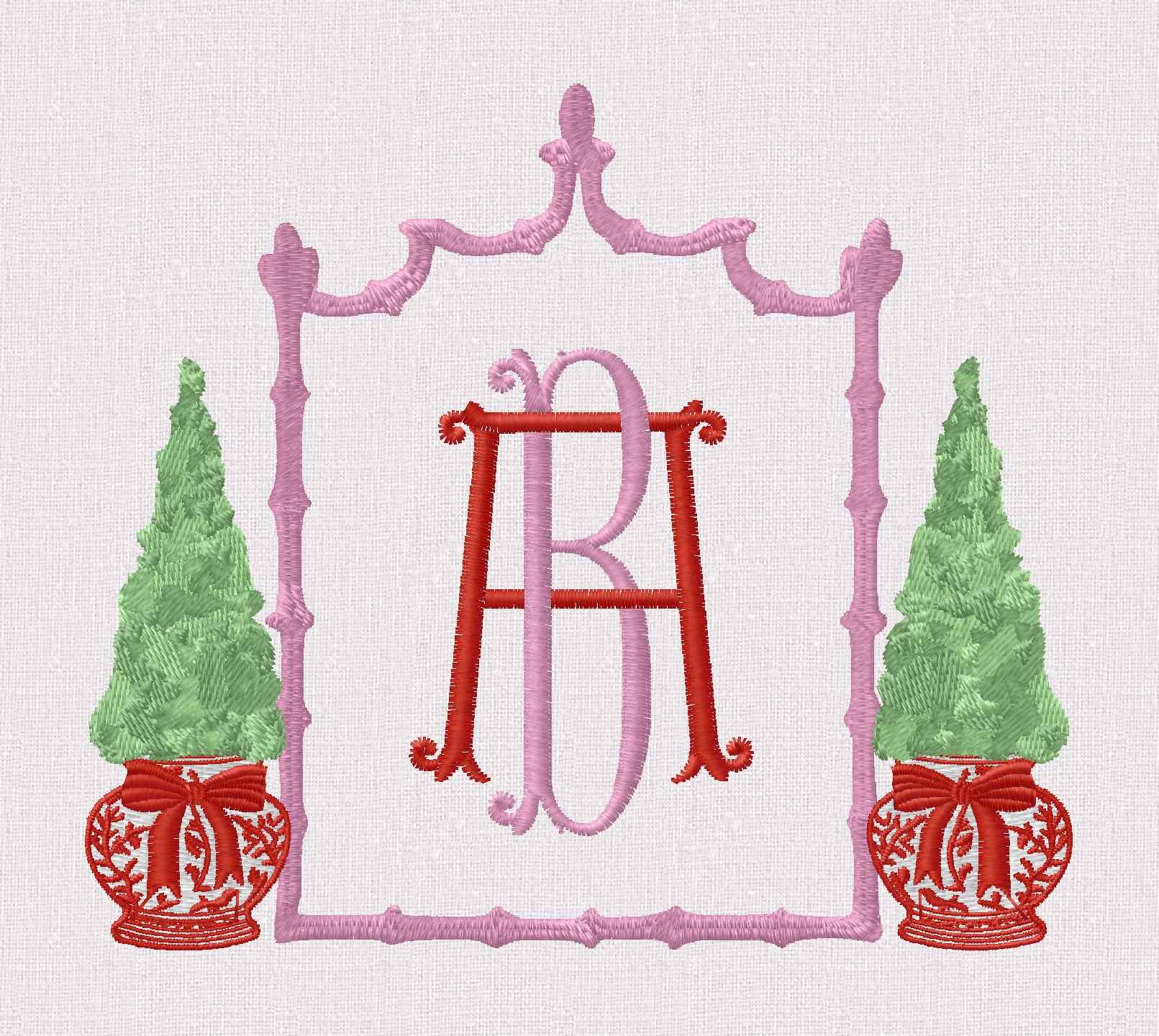Large Chinoiserie Christmas Topiary Crest Embroidery Design: Bamboo Monogram Frame (9 Formats)