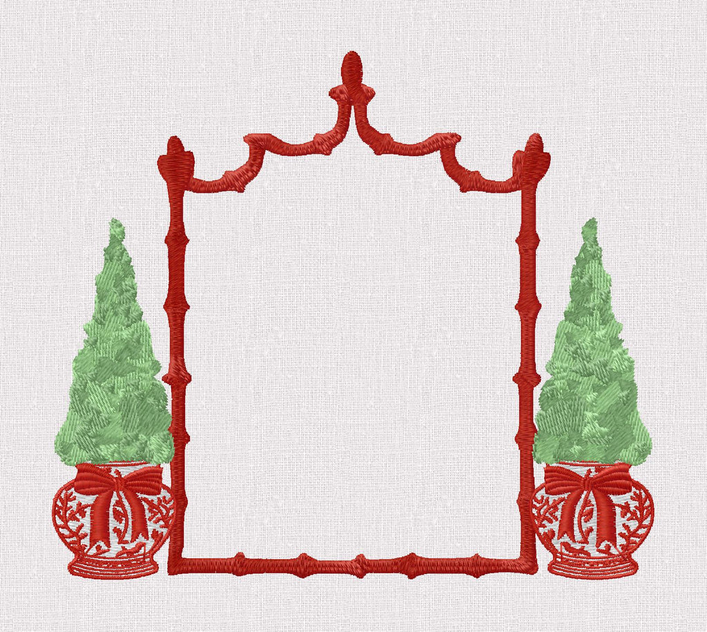 Large Chinoiserie Christmas Topiary Crest Embroidery Design: Bamboo Monogram Frame (9 Formats)