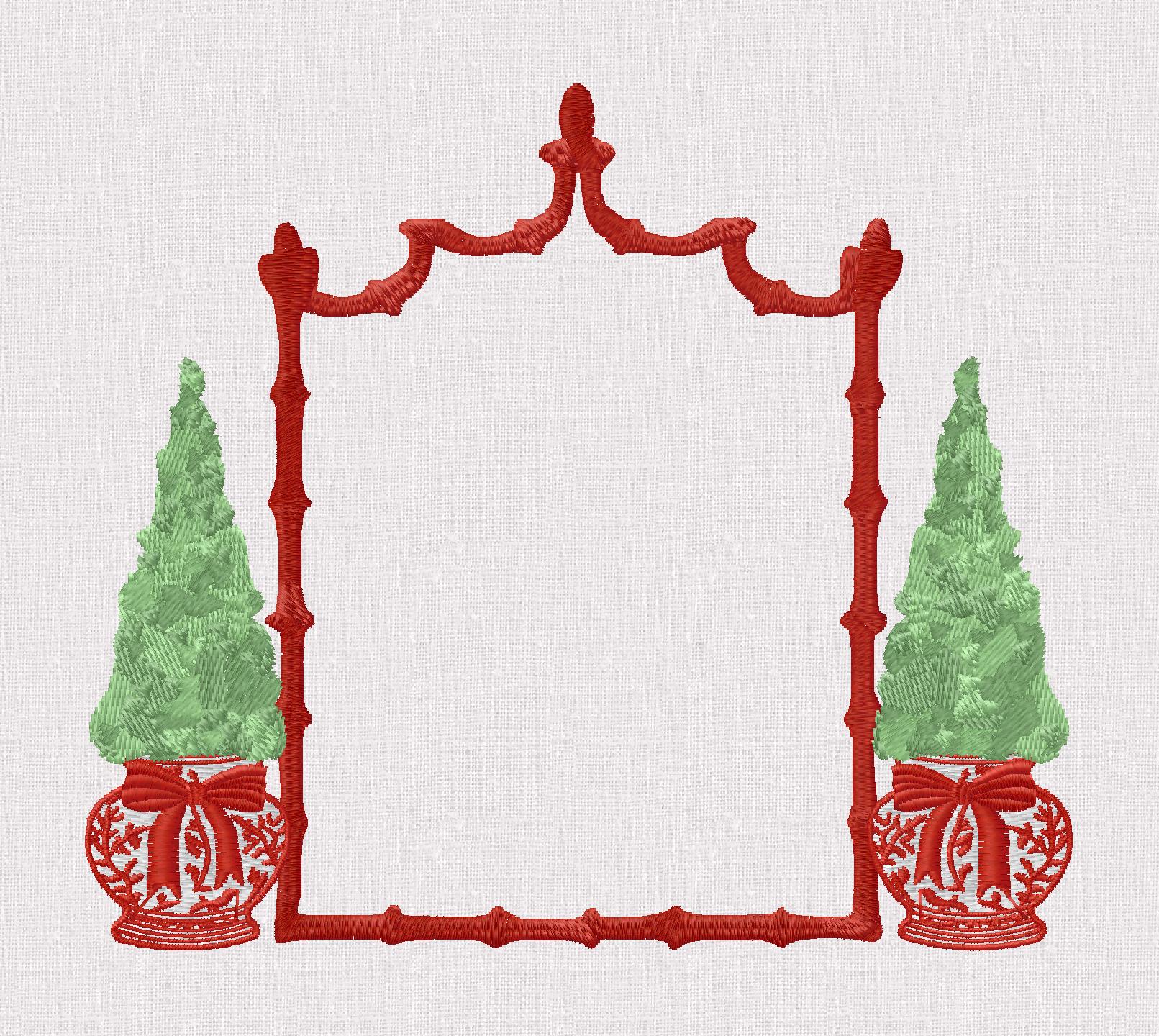 Large Chinoiserie Christmas Topiary Crest Embroidery Design: Bamboo Monogram Frame (9 Formats)