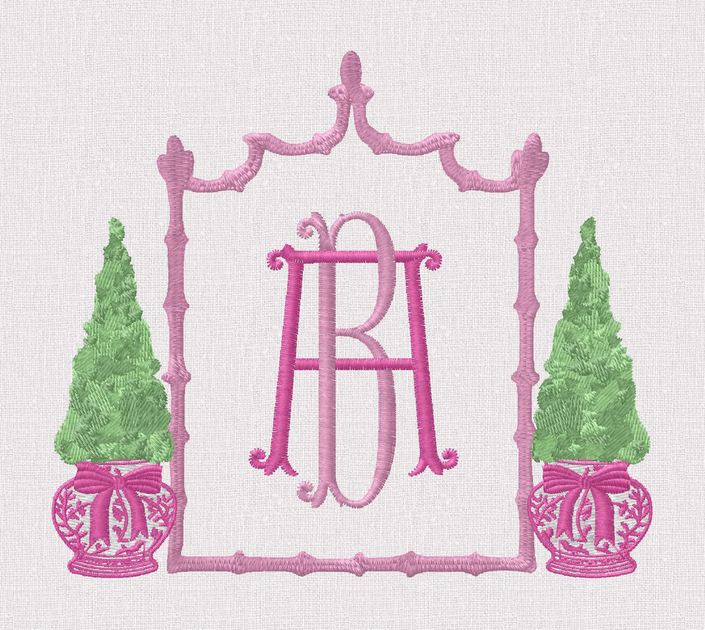 Large Chinoiserie Christmas Topiary Crest Embroidery Design: Bamboo Monogram Frame (9 Formats)