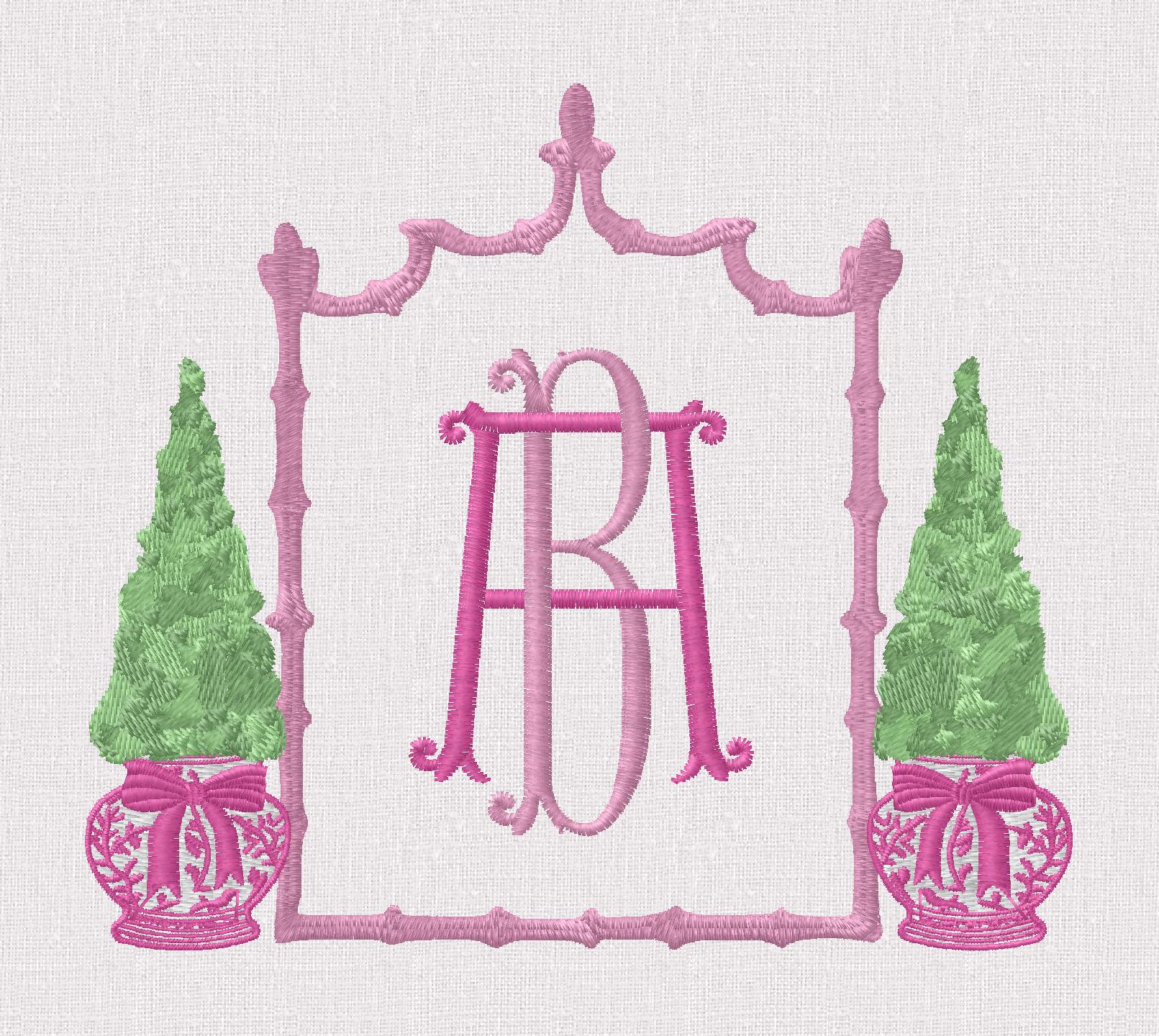Large Chinoiserie Christmas Topiary Crest Embroidery Design: Bamboo Monogram Frame (9 Formats)