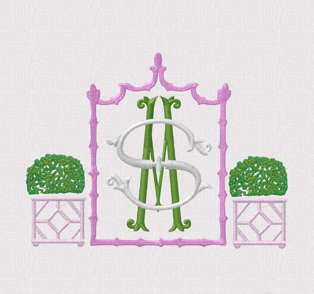 Boxwood Topiary Embroidery Design: Bamboo Crest Monogram Frame (Instant Download, 5.38x4.03")