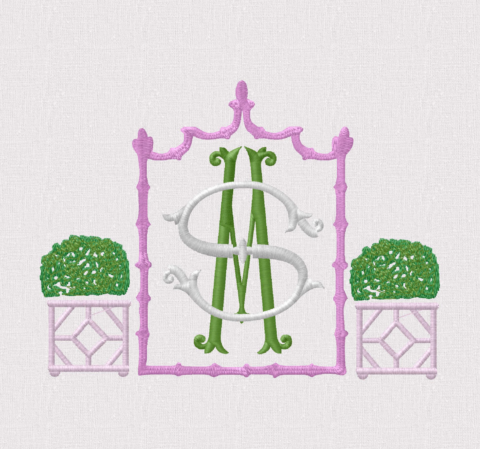Boxwood Topiary Embroidery Design: Bamboo Crest Monogram Frame (Instant Download, 5.38x4.03")
