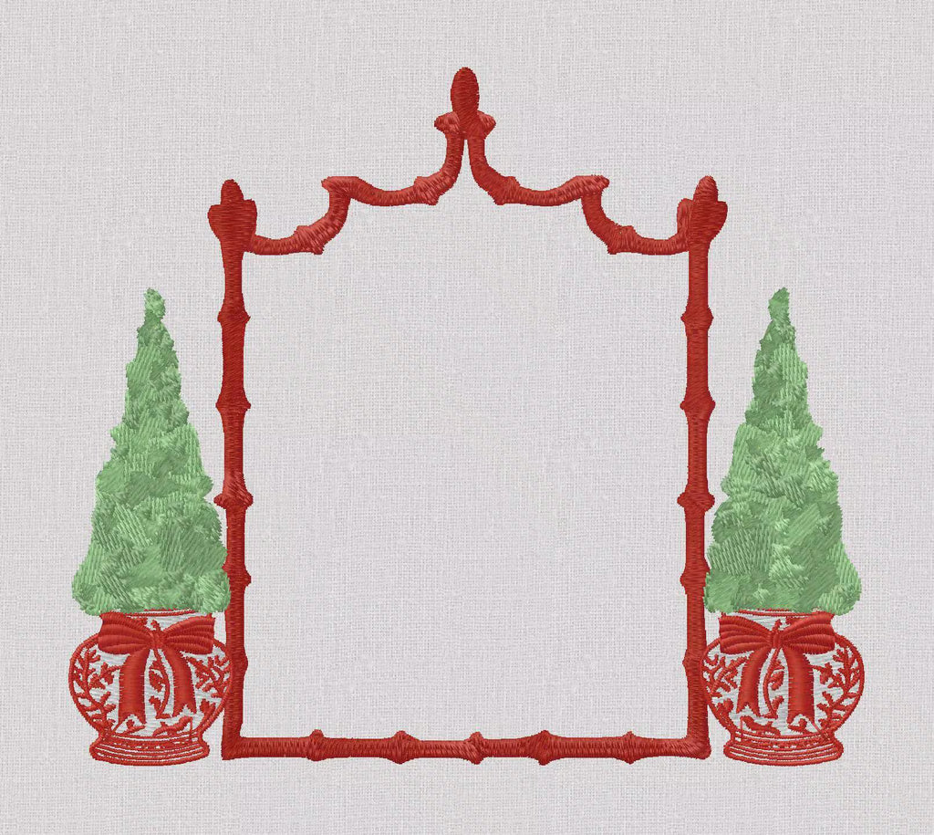 Chinoiserie Christmas Topiary Crest Embroidery Design: Bamboo Monogram Frame (10 Formats)