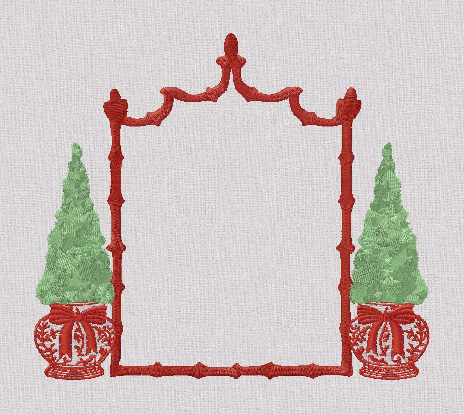 Chinoiserie Christmas Topiary Crest Embroidery Design: Bamboo Monogram Frame (10 Formats)