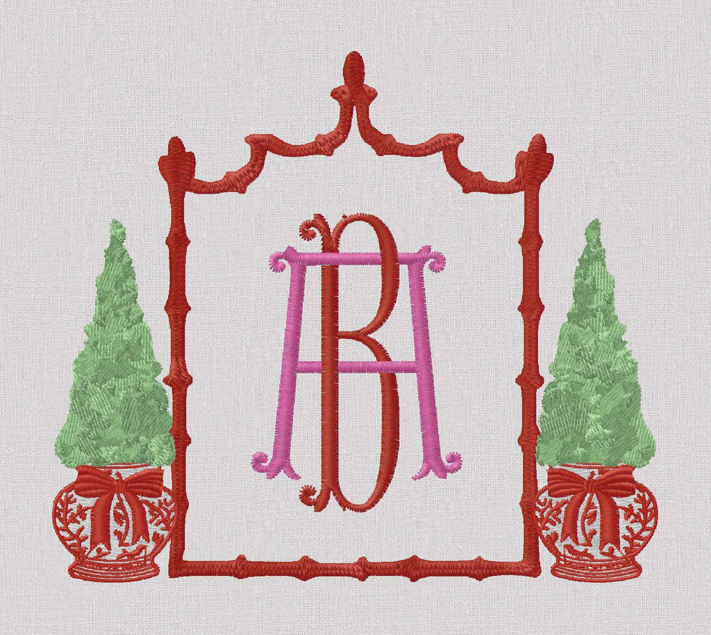 Chinoiserie Christmas Topiary Crest Embroidery Design: Bamboo Monogram Frame (10 Formats)