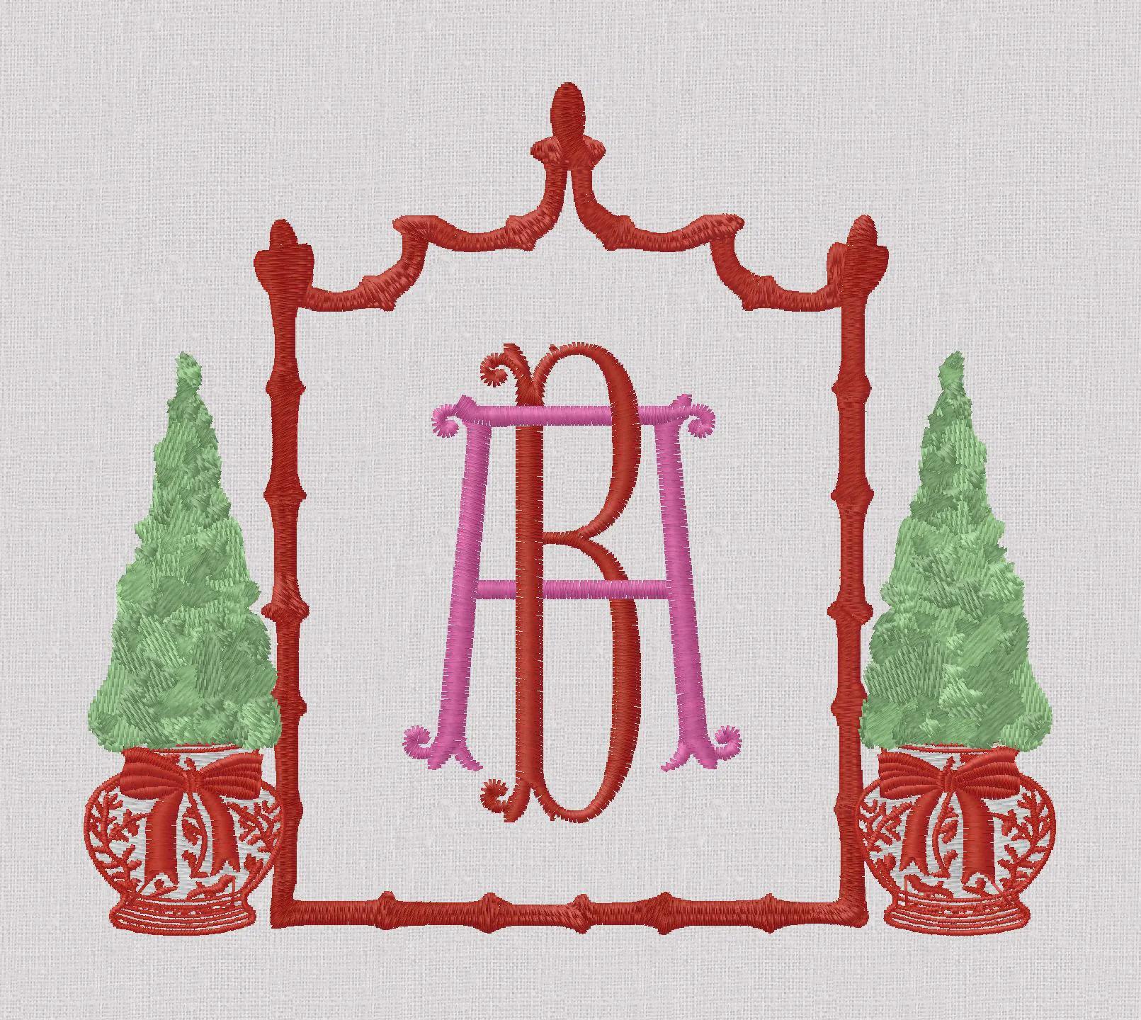 Chinoiserie Christmas Topiary Crest Embroidery Design: Bamboo Monogram Frame (10 Formats)