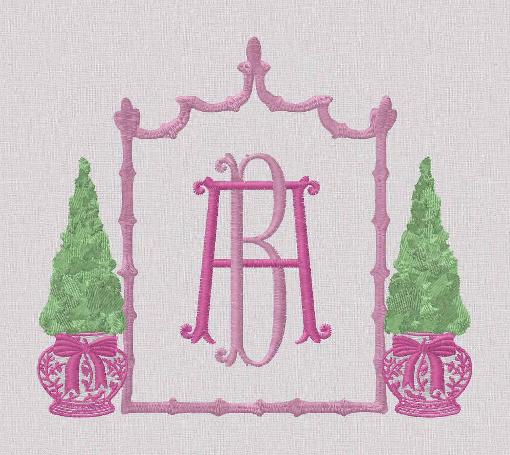 Chinoiserie Christmas Topiary Crest Embroidery Design: Bamboo Monogram Frame (10 Formats)