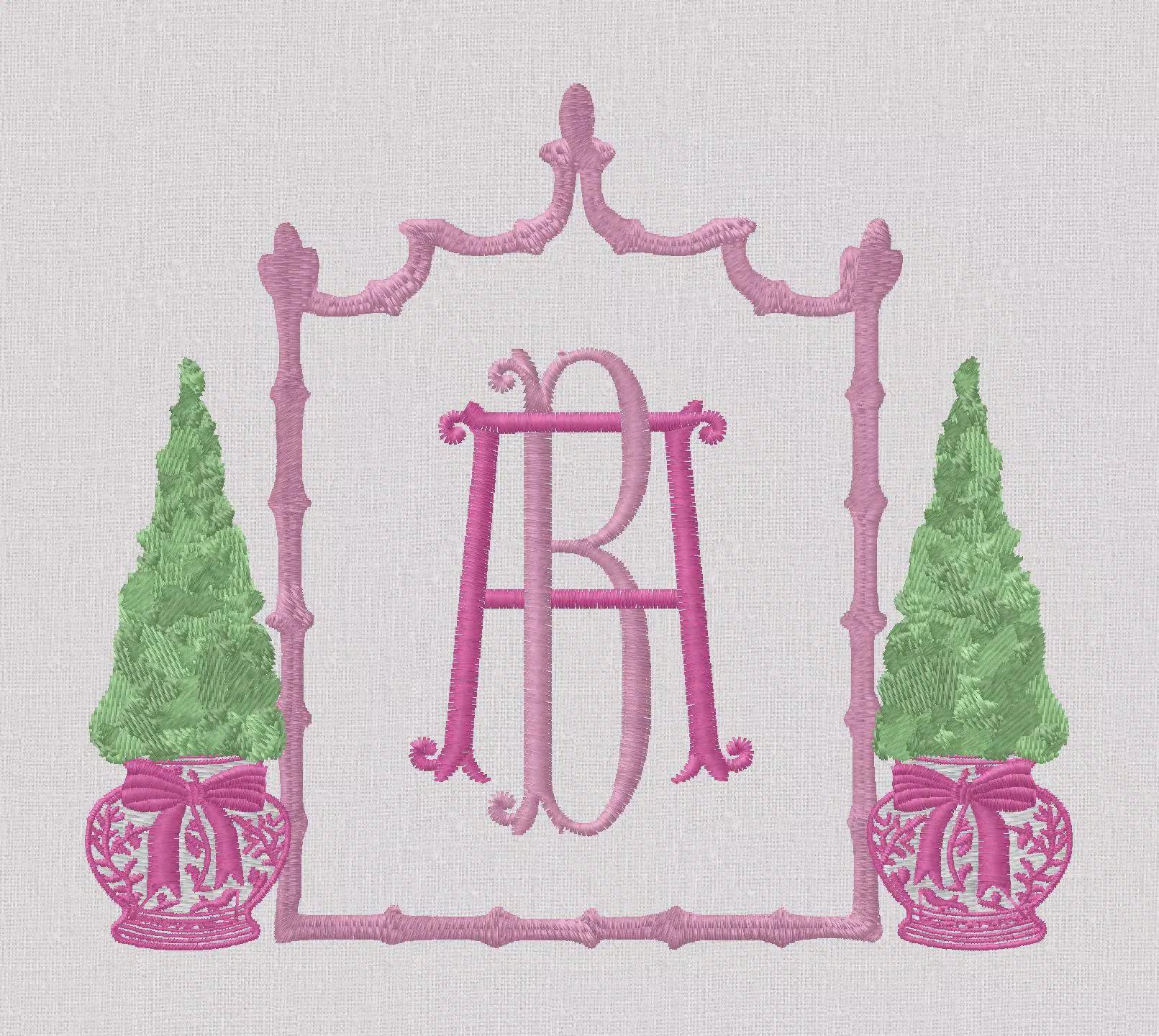Chinoiserie Christmas Topiary Crest Embroidery Design: Bamboo Monogram Frame (10 Formats)