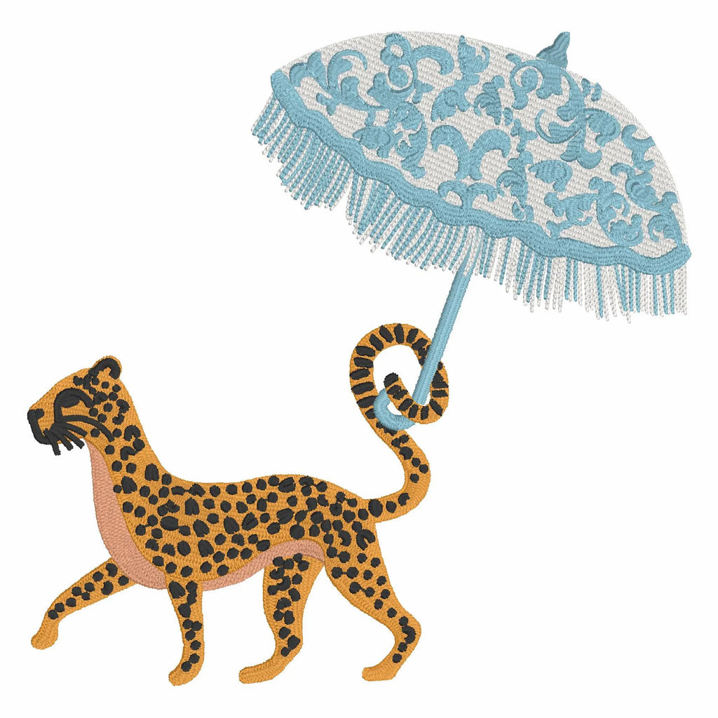 Cheetah Chinoiserie Embroidery Design: Walking with Parasol (Instant Download)