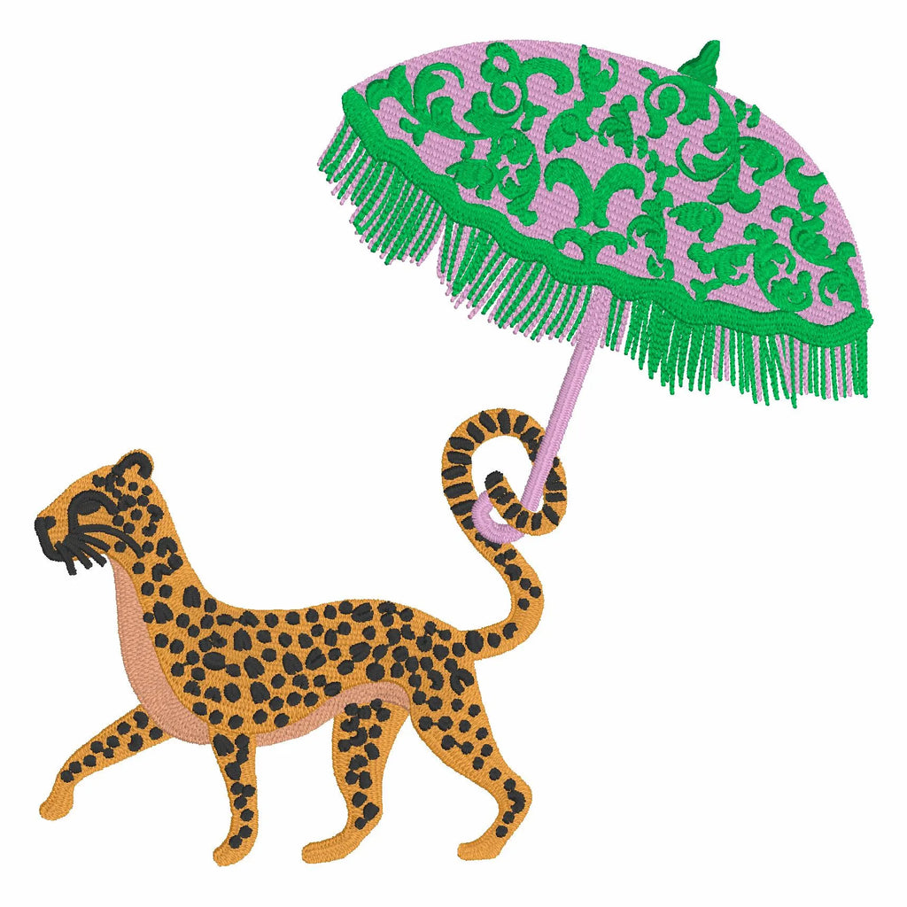 Cheetah Chinoiserie Embroidery Design: Walking with Parasol (Instant Download)