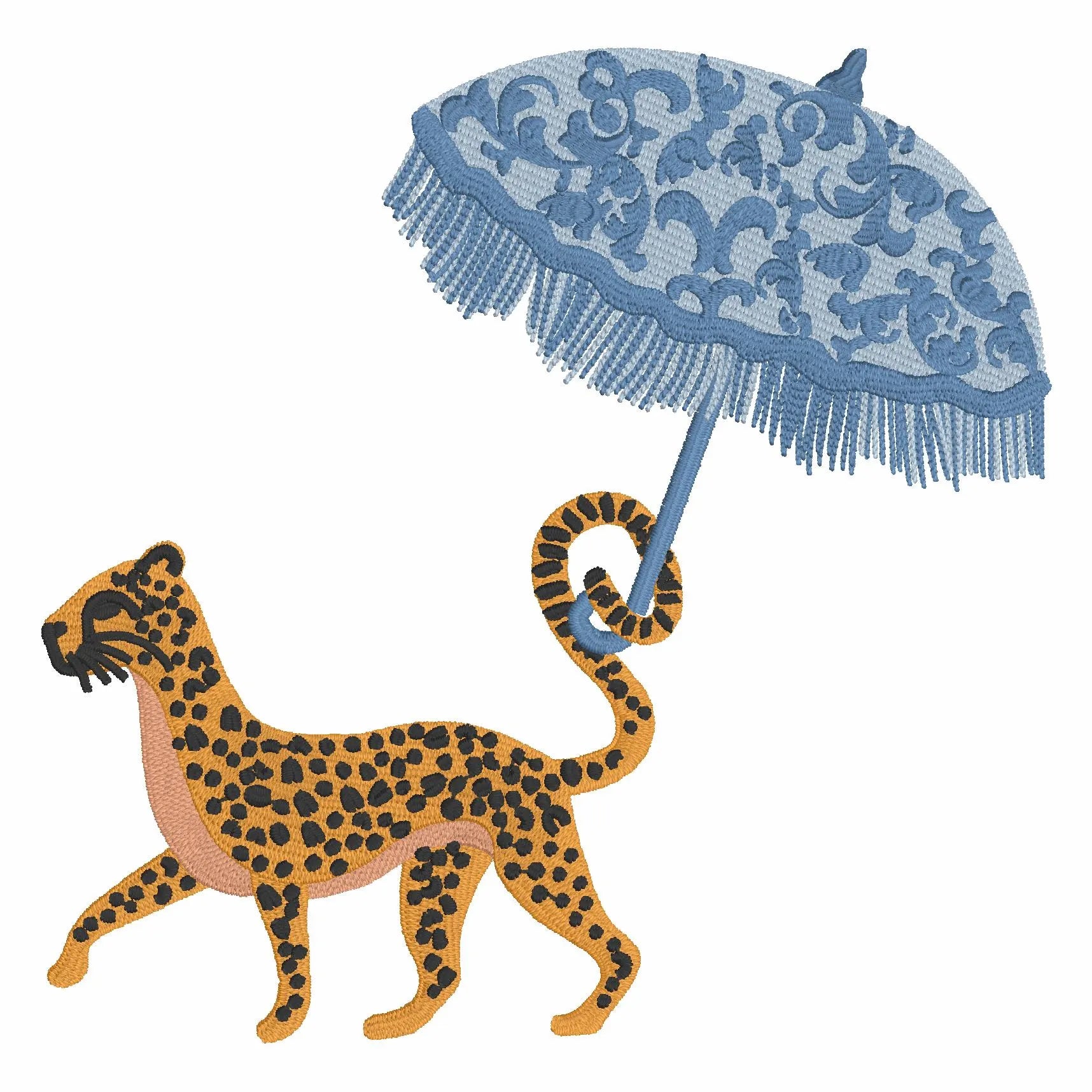 Cheetah Chinoiserie Embroidery Design: Walking with Parasol (Instant Download)