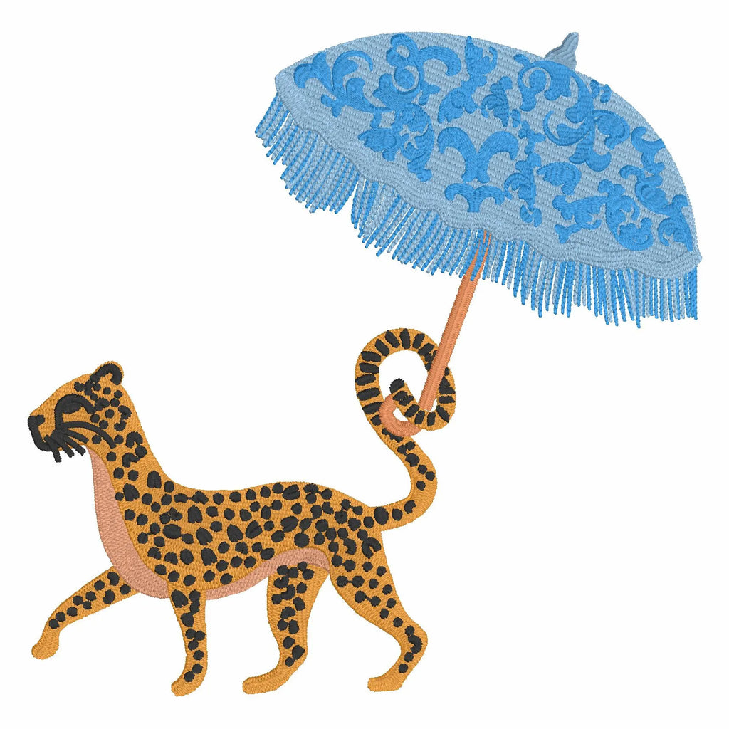 Cheetah Chinoiserie Embroidery Design: Walking with Parasol (Instant Download)