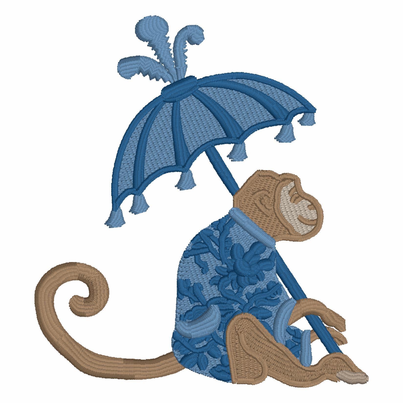 4x4 Chinoiserie Monkey Embroidery Design: Chimp with Parasol (9 Formats - Digital Download)