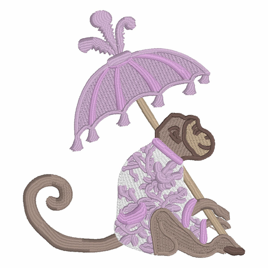 4x4 Chinoiserie Monkey Embroidery Design: Chimp with Parasol (9 Formats - Digital Download)