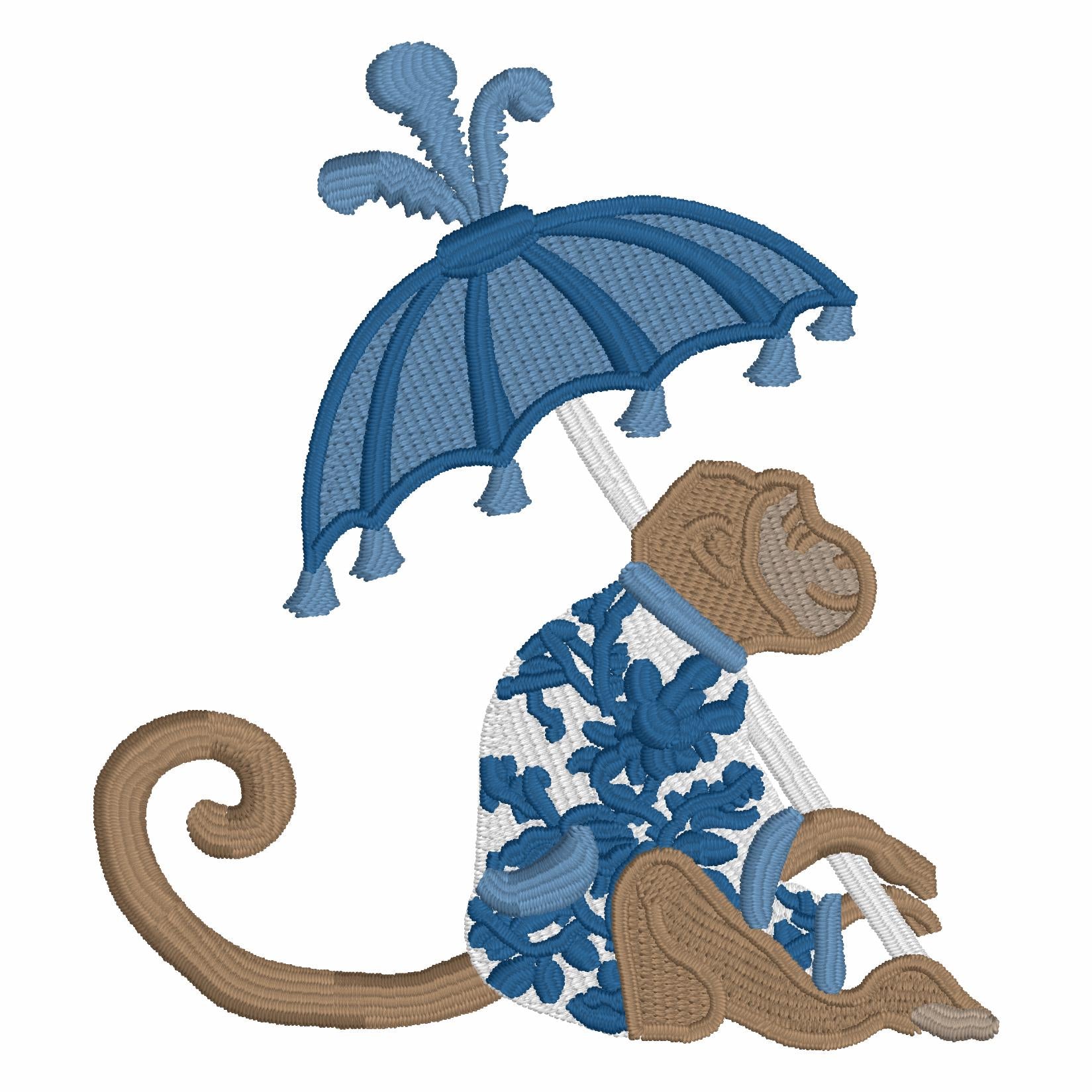 4x4 Chinoiserie Monkey Embroidery Design: Chimp with Parasol (9 Formats - Digital Download)