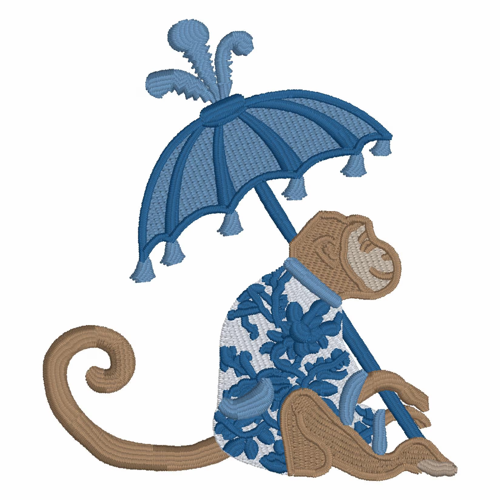 4x4 Chinoiserie Monkey Embroidery Design: Chimp with Parasol (9 Formats - Digital Download)
