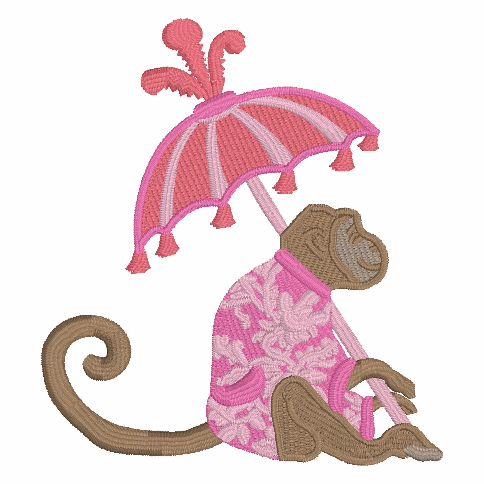 4x4 Chinoiserie Monkey Embroidery Design: Chimp with Parasol (9 Formats - Digital Download)