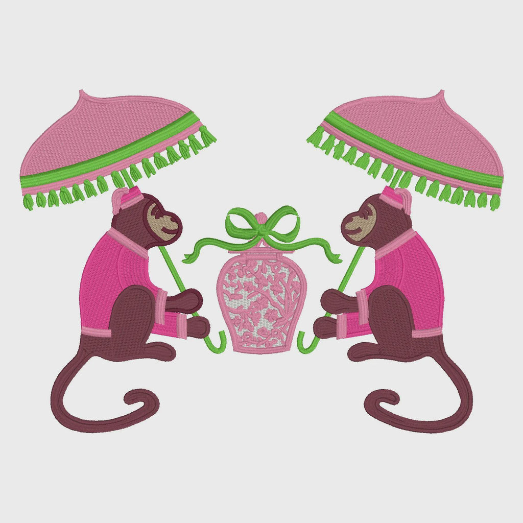 Chinoiserie Monkey & Ginger Jar Embroidery Design: Chimp with Parasol (9 Formats, Instant Download)