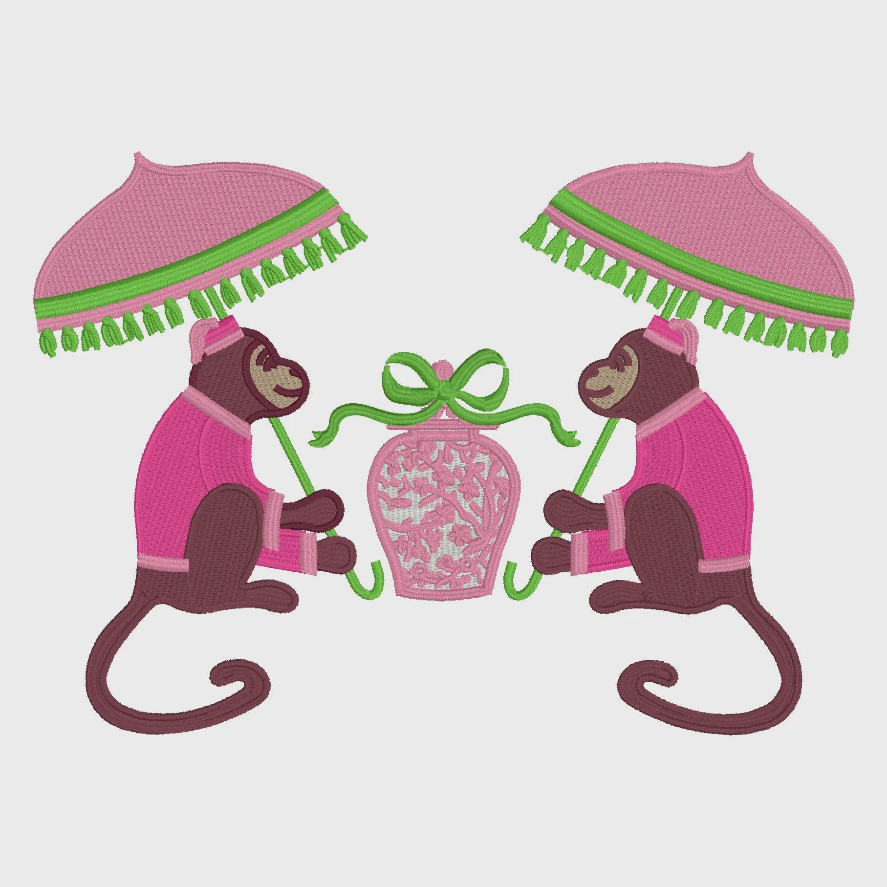 Chinoiserie Monkey & Ginger Jar Embroidery Design: Chimp with Parasol (9 Formats, Instant Download)