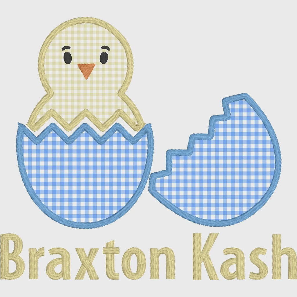 Design & Name Bundle: Cracked Egg Applique, Easter Chick Font Bundle (2 Sizes, Digital Download)